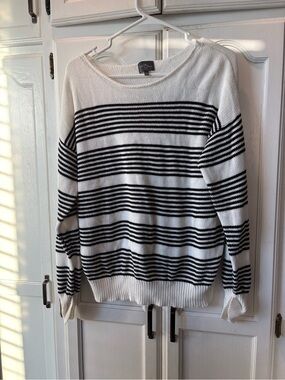 Market & Spruce White and Black Striped Scoop Neck Sweater